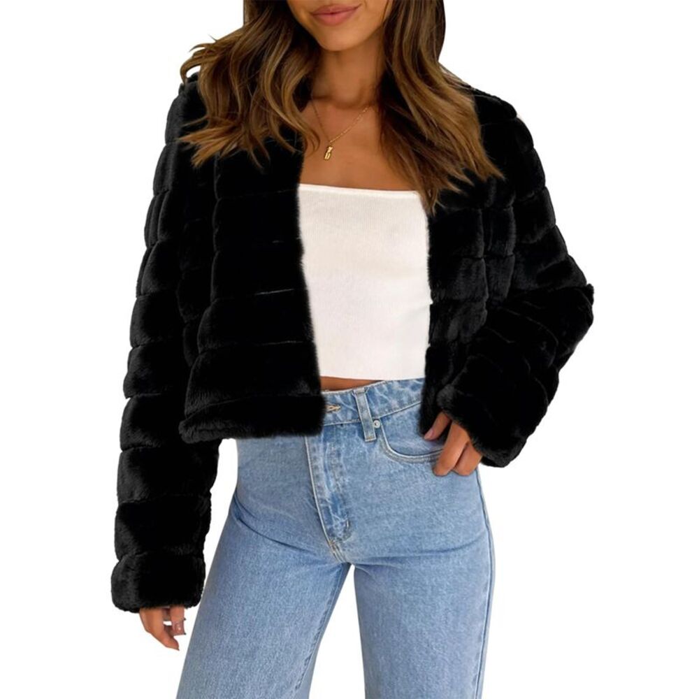 Winter Warm Cropped Jacket Collarless Faux Fur Fluffy Coat Black